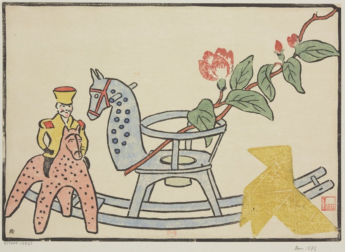 Composition, jouets et branche fleurie de Prosper-Alphonse Isaac, réalisé en 1906, gravure sur bois à la manière japonaise - Gallica/BNF