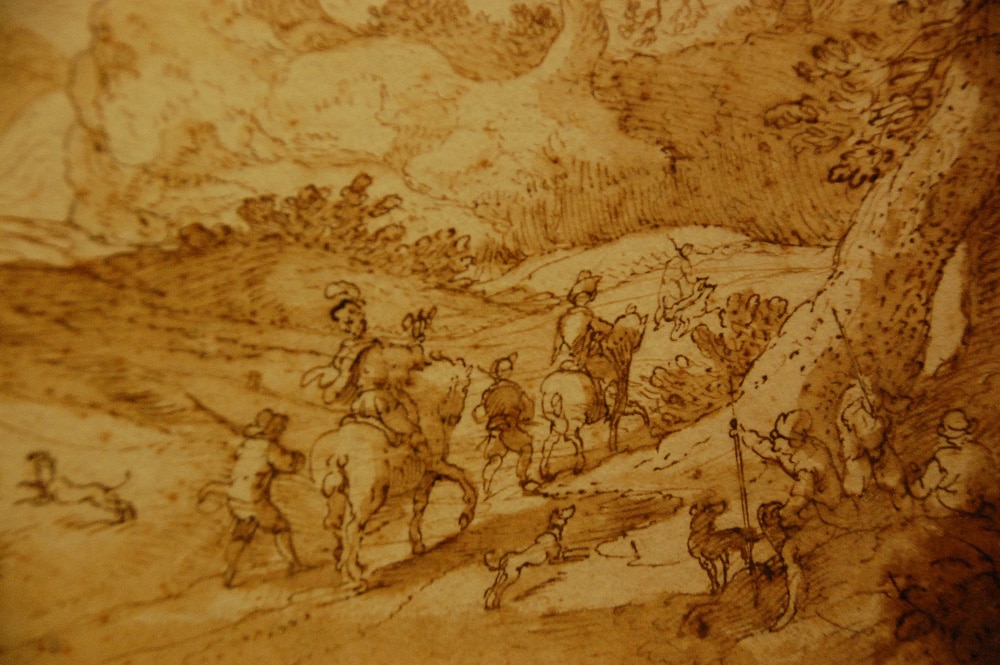 (détail) Attribué à Jan Wildens, Paysage vallonné avec moulin à eau et fauconniers, vers 1584-1586 - collection particulière, Maastricht, Musée Bonnefanten