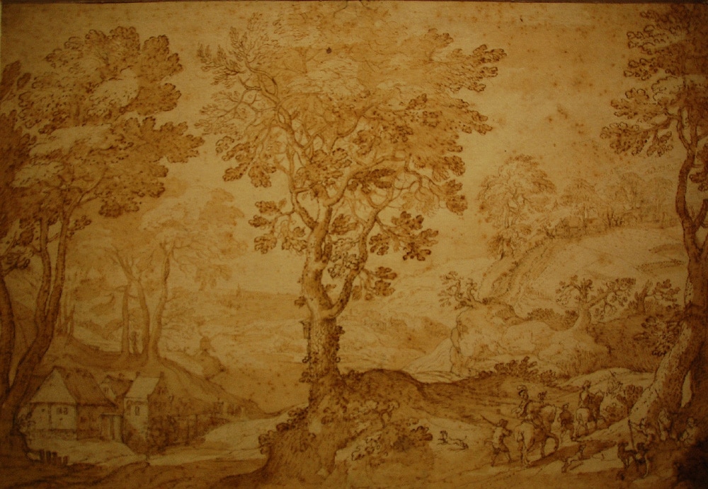 Attribué à Jan Wildens, Paysage vallonné avec moulin à eau et fauconniers, vers 1584-1586 - collection particulière, Maastricht, Musée Bonnefanten