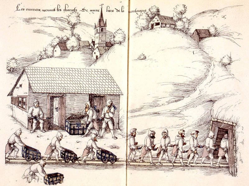 Les ouvriers menant les chariots de mine hors de la mine - Heinrich Gross