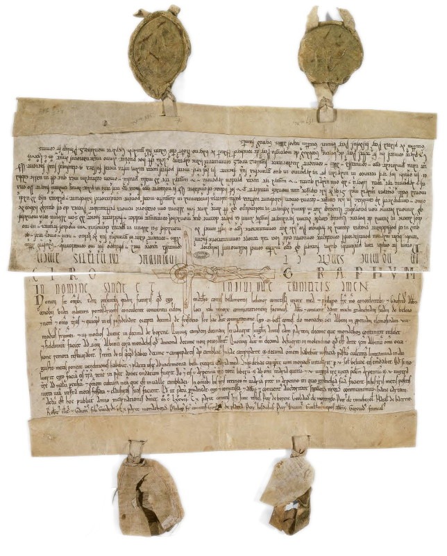 1177 - Charte sous forme de chirographe de Matthieu III, comte de Beaumont-sur-Oise, agissant en accord avec son frère Philippe et son épouse Éléonore de Vermandois, et de l’abbé de Saint-Martin de Pontoise par lequel ils attestent avoir échangé des terres à Chambly et Boran-sur-Oise. La partie supérieure est conservée aux Archives nationales et la partie inférieure aux Archives départementales du Val-d'Oise. Chacune est scellée des sceaux du comte et de l'abbé, aux revers desquels la comtesse et l'abbaye ont contre-scellé. - Wikimedia