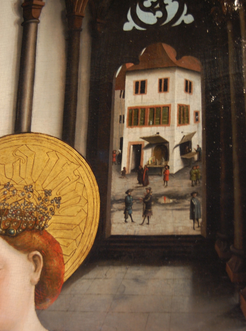 échoppe avec volet déplié - détail d'un tableau médiéval