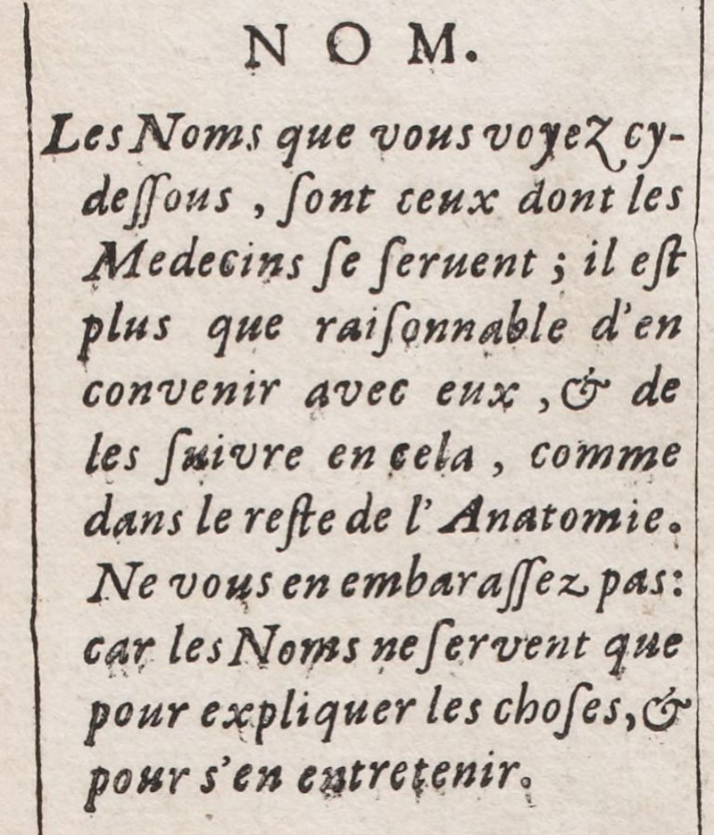 Nom. Les noms que vous voyez ci-dessous, sont ceux dont les médecins se servent; il est plus que raisonnable d'en convenir avec eux, ou de les suivre en cela, comme dans le reste de l'anatomie. Ne vous embarrassez pas : car les noms ne servent que pour expliquer les choses, ou pour s'en entretenir.