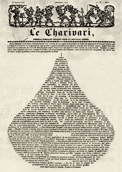 Page couverture du Charivari du 27 février 1834 annonçant le verdict (en forme de poire) d'un procès contre lui.