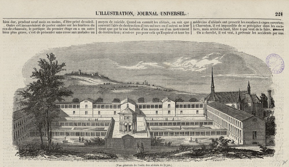 Vue générale de l'asile des aliénés de Dijon - Journal L'Illustration 19ème siècle - gravure de J. Durond - Bibliothèque municipale de Dijon